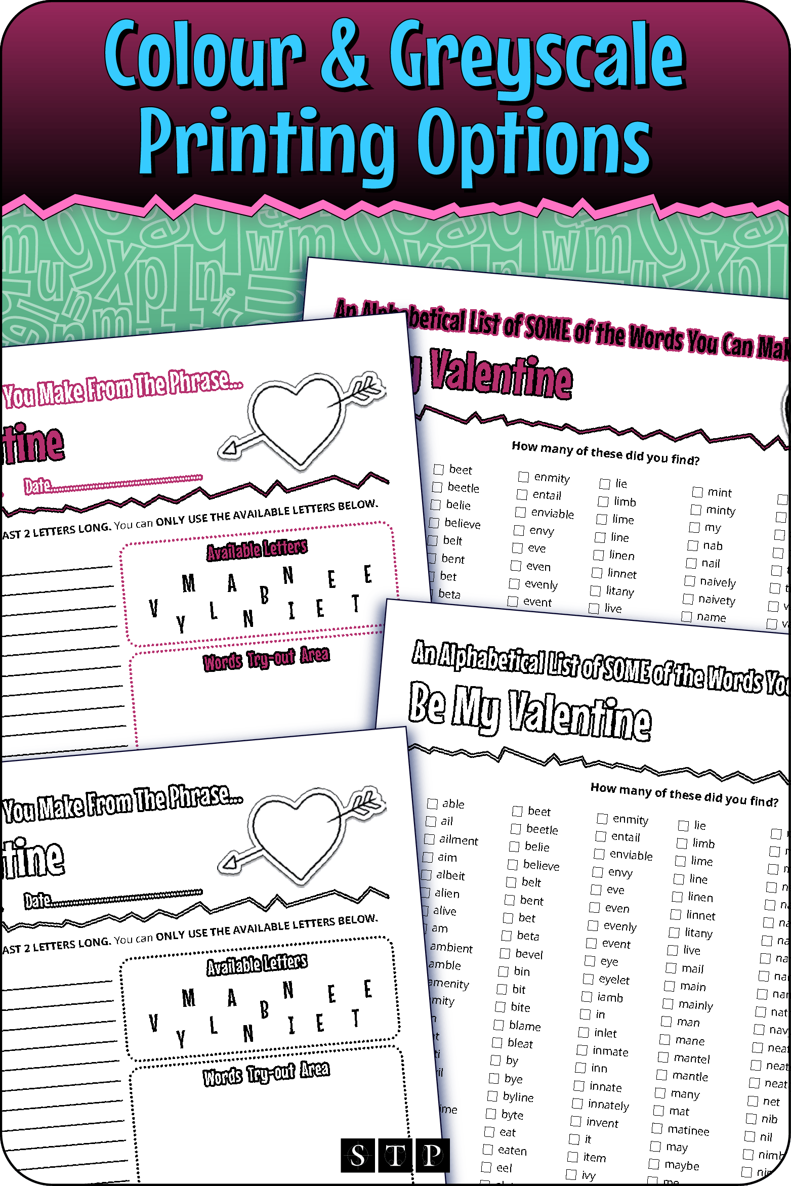 A 'look inside' preview showing the resource is available in both colour-accented and ink-friendly greyscale printing options.