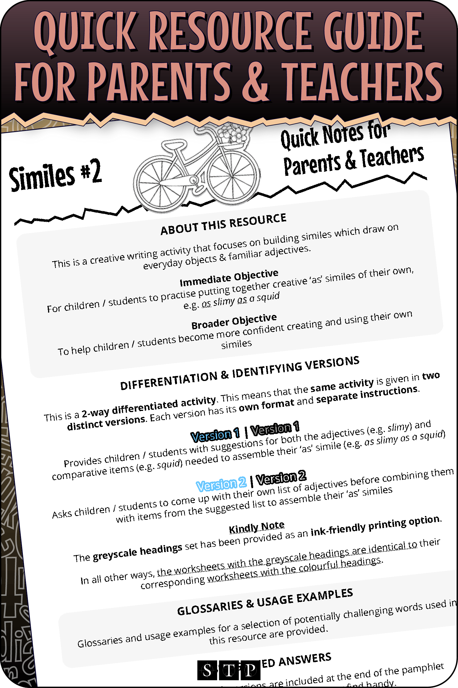 A 'look inside' preview highlighting the 'Quick Resource Guide for Parents & Teachers' included with the worksheets which explains the resource's learning objectives and differentiated versions.