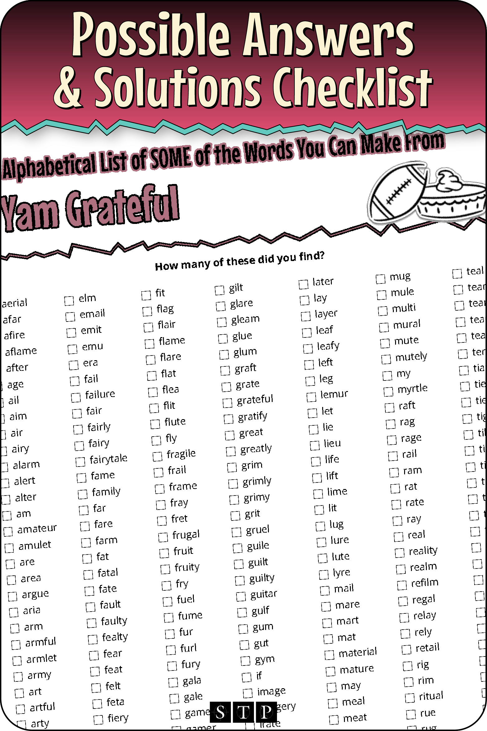 A 'look inside' preview showing a list of possible solutions for the 'I Yam Grateful' letter jumble