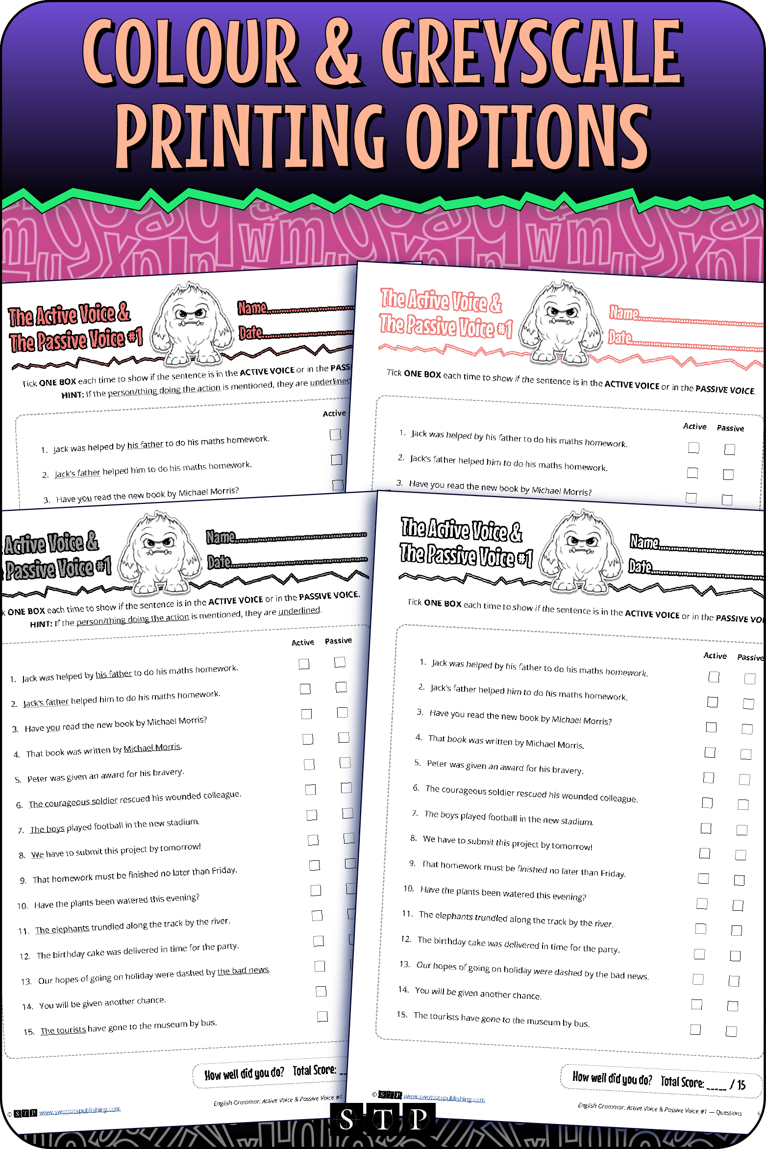 A 'look inside' preview showing the resource is available in both colour-accented and ink-friendly greyscale printing options.