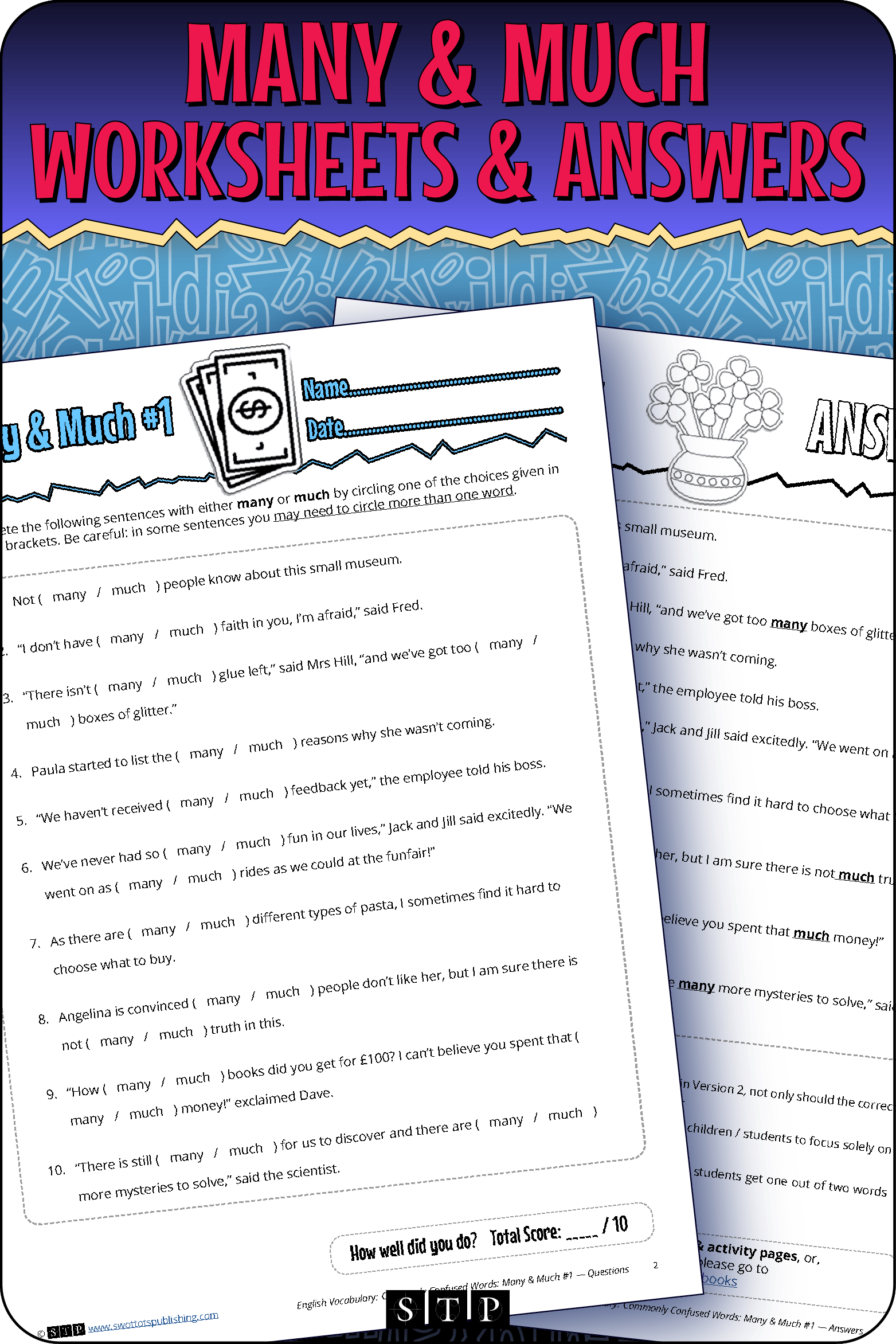 A mock-up of the 'Many & Much #1' worksheets and answer key, a free grammar and vocabulary resource for download.