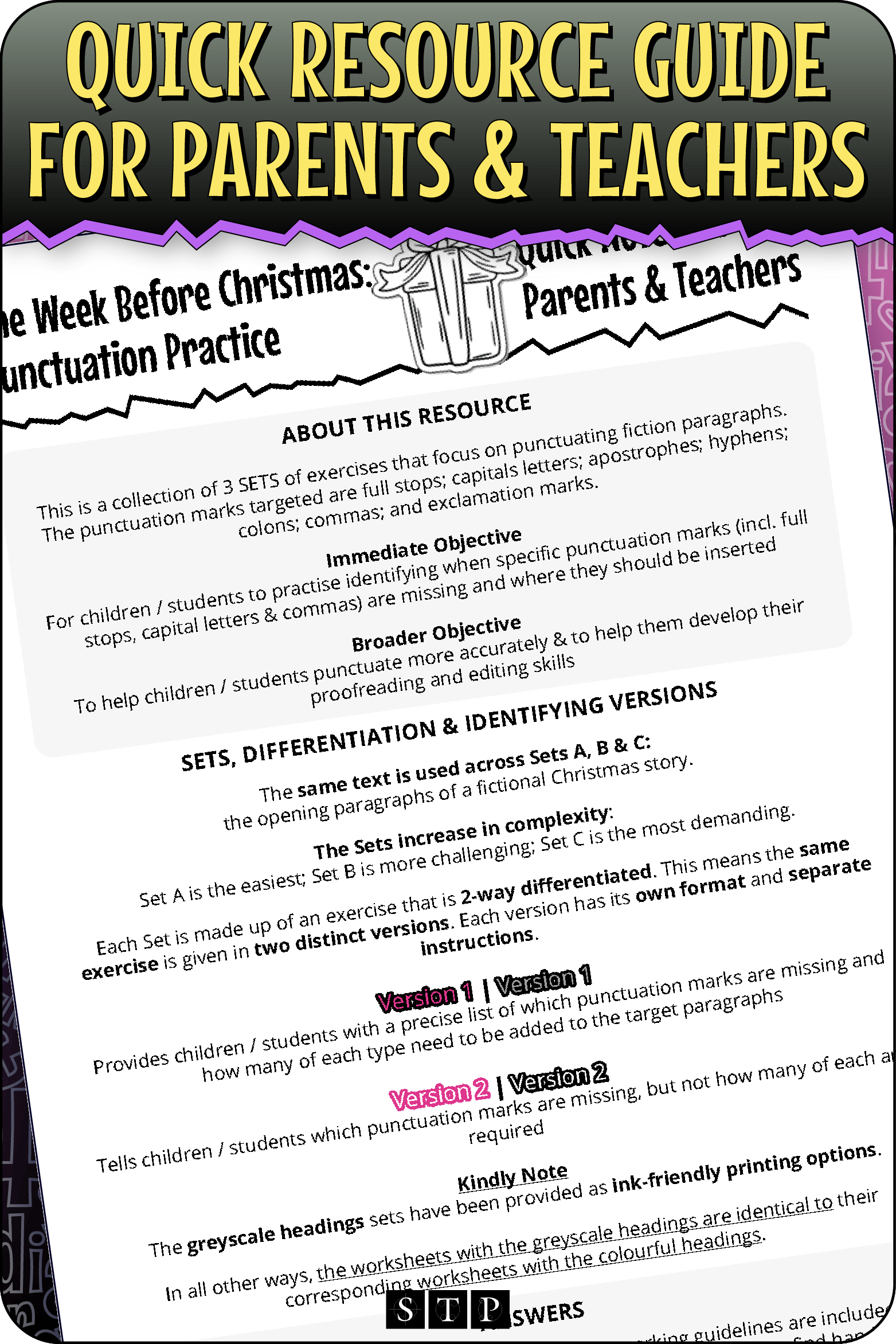 A 'look inside' preview highlighting the 'Quick Resource Guide for Parents & Teachers' included with the worksheets which explains the resource's learning objectives and differentiated versions.