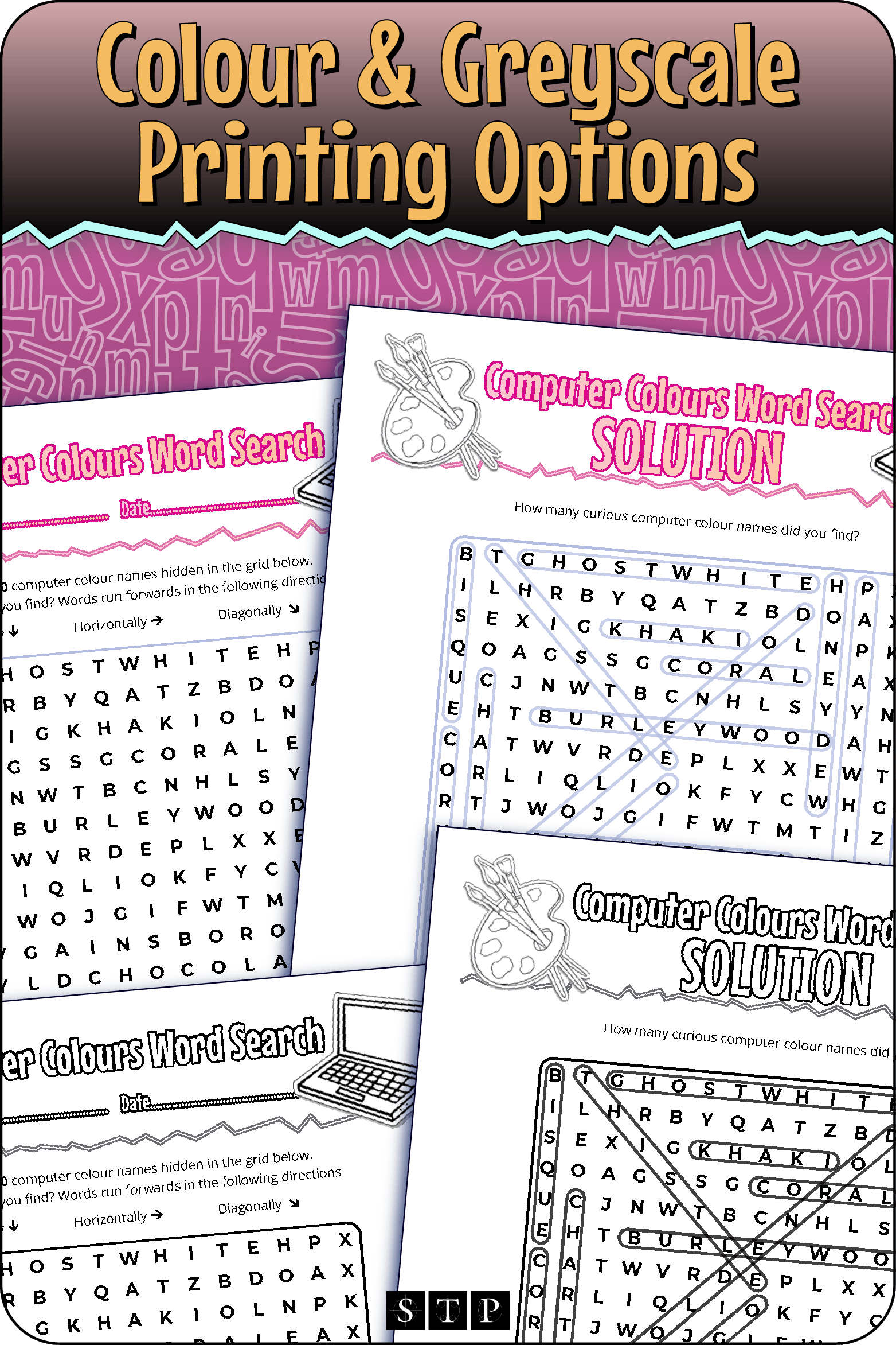 A 'look inside' preview showing the resource is available in both colour-accented and ink-friendly greyscale printing options.