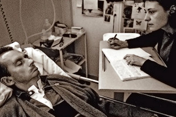Jean-Dominique Bauby, who had lost the use of his limbs and voice, dictated his memoir, The Diving Bell and the Butterfly, one letter at a time. Claude Mendibil, shown here as she transcribes, devised a time-saving system of reciting the letters of the alphabet for Bauby in order of their frequency in French words and waiting for him to blink in response. Image via commons.wikimedia.org