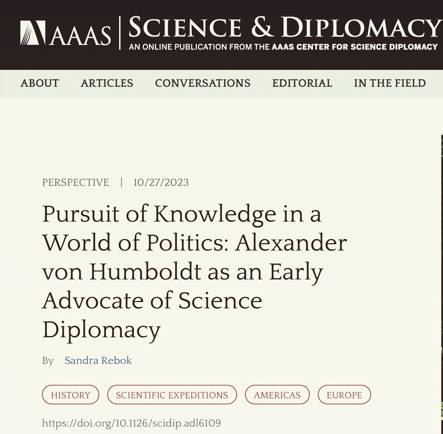 &ldquo;Pursuit of knowledge in a world of politics: Alexander von Humboldt as an early advocate of science diplomacy&rdquo;, a new article has been published that explains in which ways the Prussian naturalist Alexander von Humboldt can be seen as a 