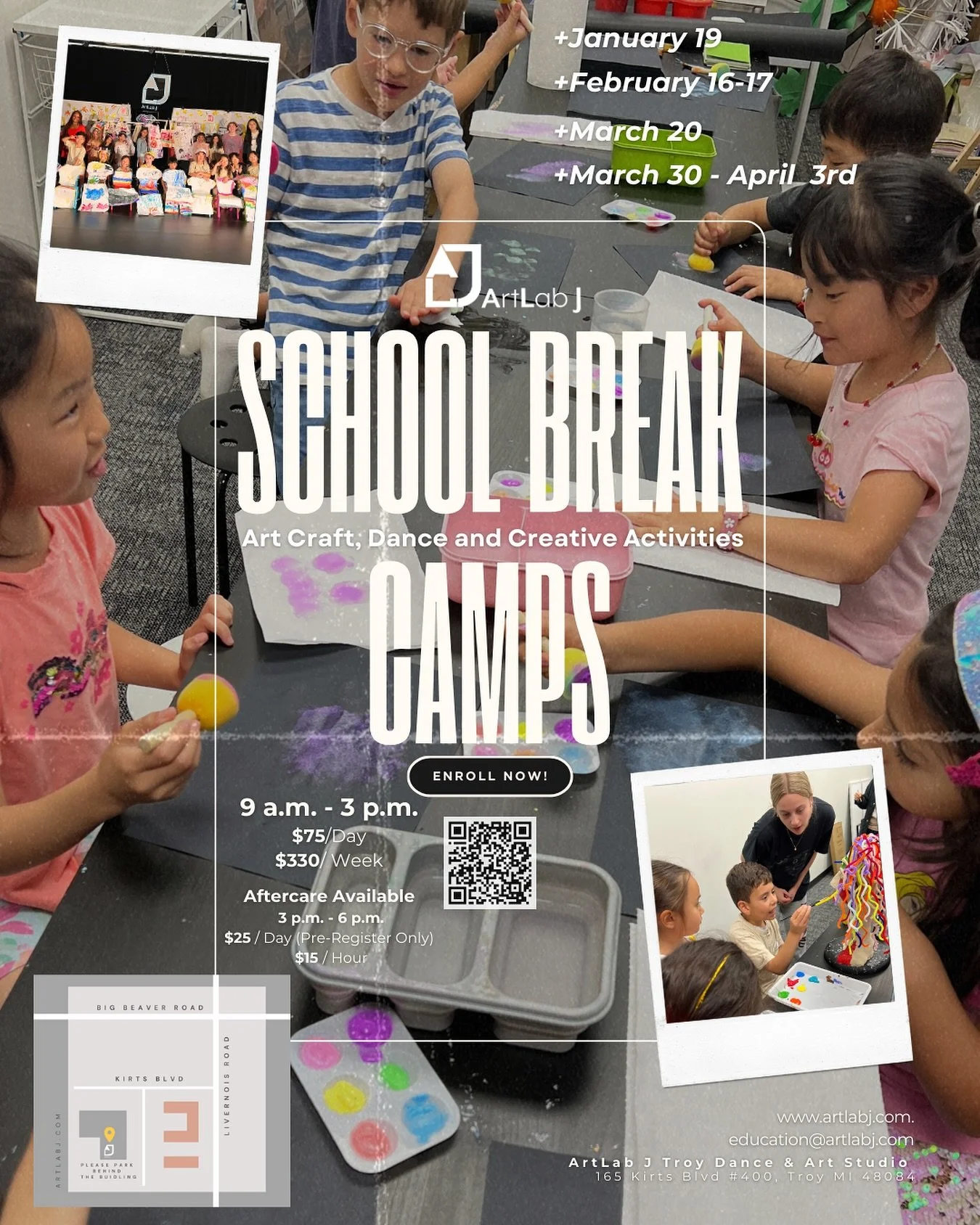 🎨🕺ArtLabJ&rsquo;s School-Break Camps are the perfect way to keep kids moving, creating, and having fun when school&rsquo;s on pause! 

👧Ages: 5-12
📍Location: ArtLabJ Troy 

✨Give your kids a chance to stay active, make friends, and feel like star
