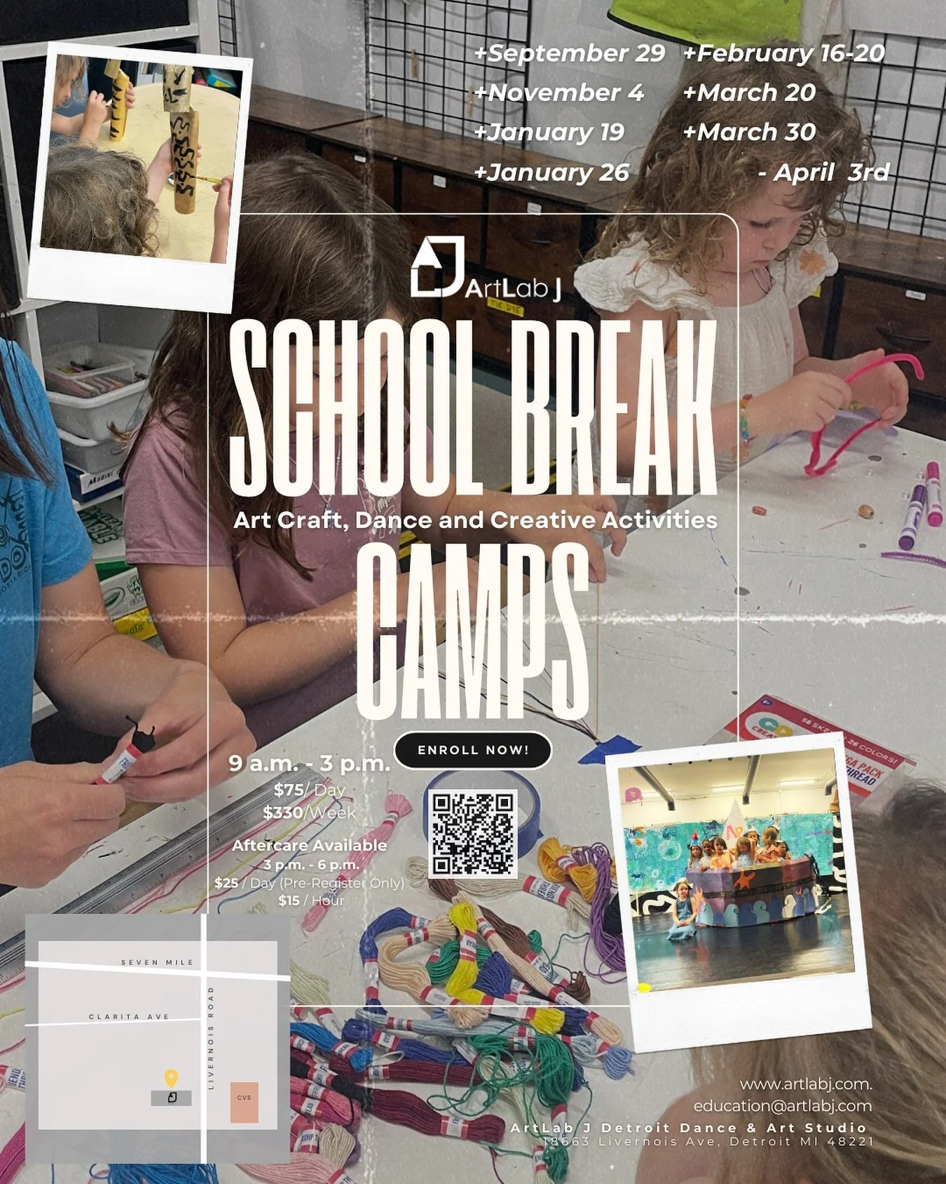 🎨🕺ArtLabJ&rsquo;s School-Break Camps are the perfect way to keep kids moving, creating, and having fun when school&rsquo;s on pause! 

👧Ages: 5-9
📍Location: ArtLabJ Detroit 

✨Give your kids a chance to stay active, make friends, and feel like st