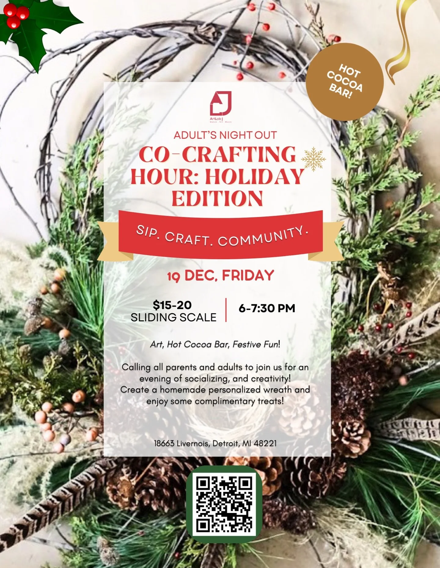 Join us Friday December 19th for an holiday craft hour at our Detroit studio. Adults and parents can take a break from the kids and come enjoy complimentary treats as well as create personalized wreaths!

📍18663 Livernois Ave, Detroit MI 48221
🗓️Fr