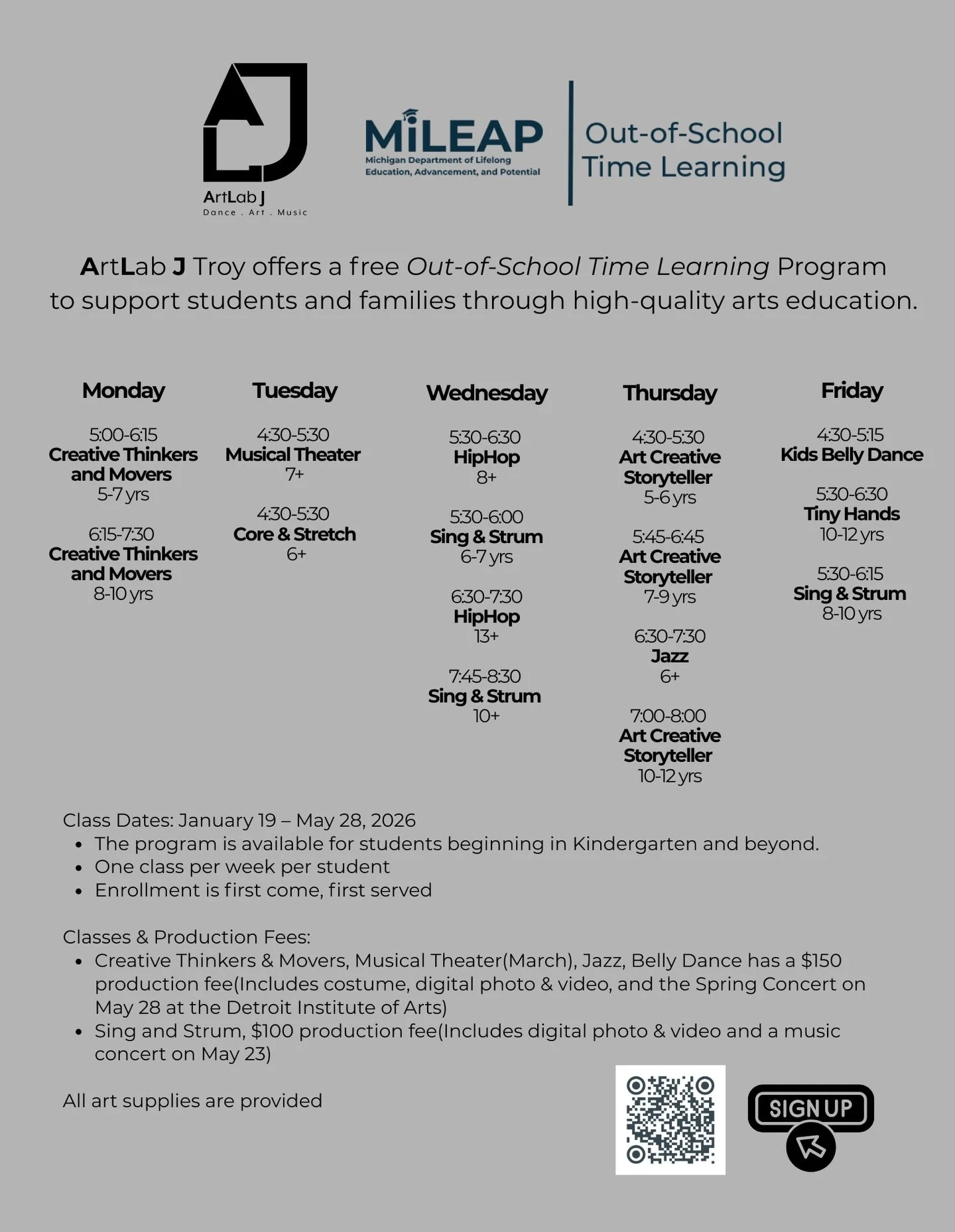 ArtLab J is happy to announce that we will be offering a free Out-of-School Time Learning Program to support students and families through high-quality arts education. Thank you MiLEAP for this opportunity! 

This program is available for students st