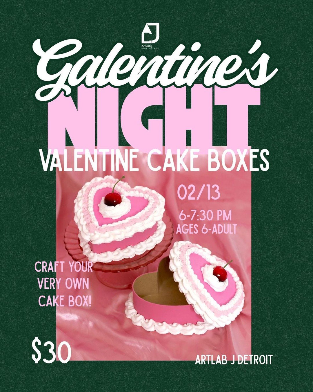 Join us February 13th from 6:00 to 7:30pm to create Valentines cake boxes for yourself or that special someone! 

This craft activity is for ages 6 and up and will be held at our ArtLab J Detroit location off of Livernois Ave.

Sign up at https://www
