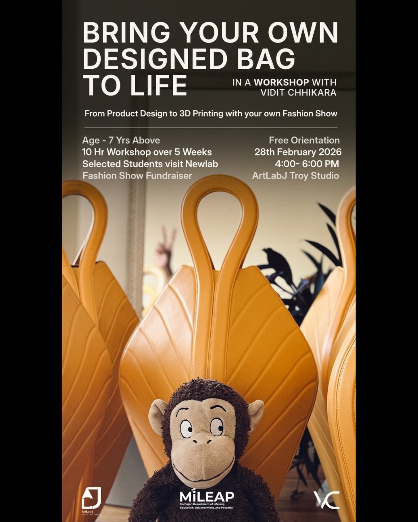 ArtLab J is excited to collaborate with fashion designer Vidit Chhikara to offer a unique bag design experience for young artists ages 7 and up who are passionate about fashion and creative design.

The program begins with a free orientation on Satur