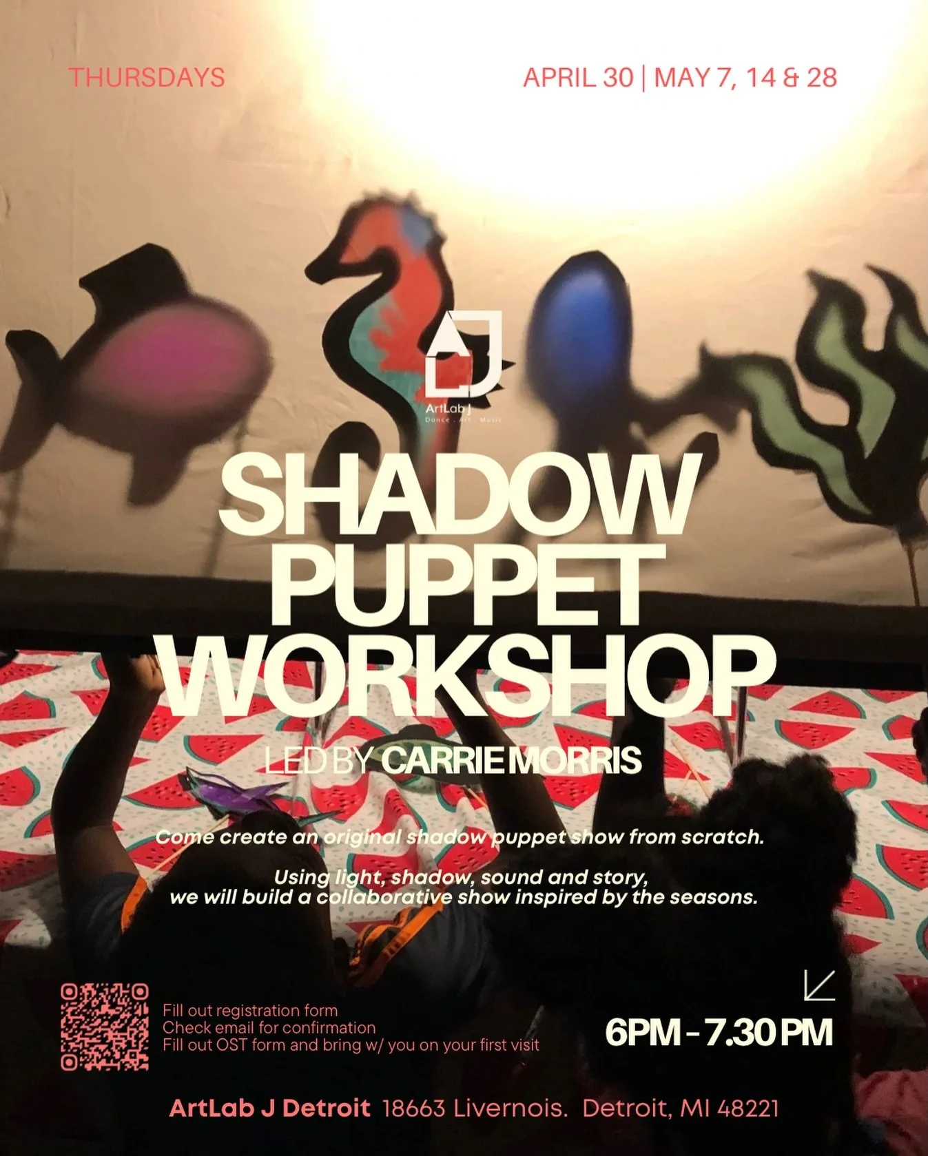 An exciting shadow puppet workshop led by Carrie Morris is coming up in April and May! Come create your very own original shadow puppet from scratch. You don't want to miss this workshop!

Fill out registration form
Check email for confirmation
Fill 