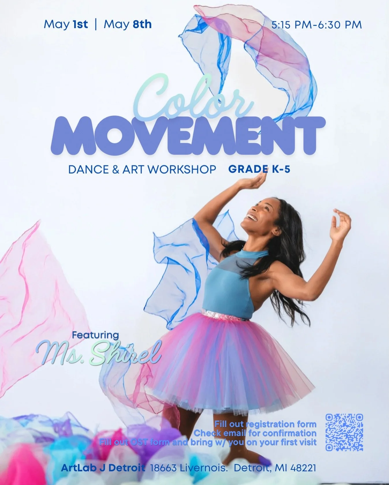The Color Movement workshop with Ms Shirel is coming up in May! Available for grades K-5, don&rsquo;t miss this exciting art and dance workshop!

Fill out registration form
Check email for confirmation
Fill out OST form and bring w/ you on your first