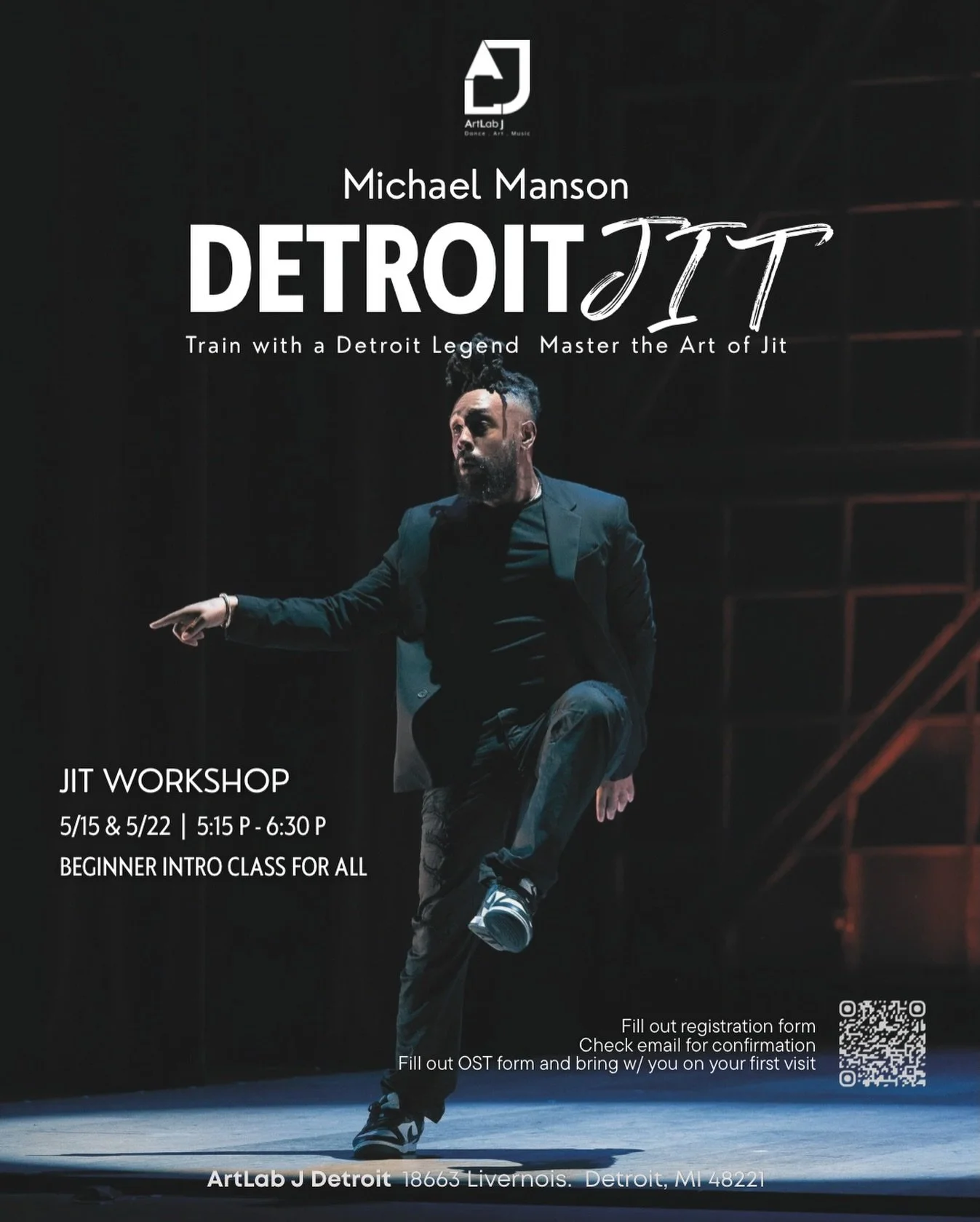 Our next Detroit Jit workshop with Michael Manson is coming up in May! Come master the art of Jit and learn more about Detroit dance culture! 

Fill out registration form
Check email for confirmation
Fill out OST form and bring w/ you on your first v