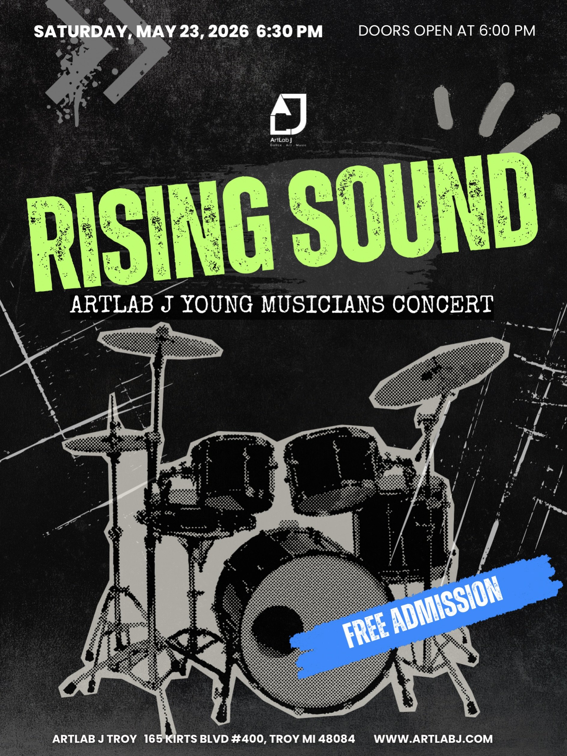 🎸 RISING SOUND 🎸 
ArtLab J Young Musicians Concert

Join us for an exciting night of live music featuring our young musicians and ABC band! From drums and guitar to vocals and ensemble performances, come celebrate the hard work and creativity of ou