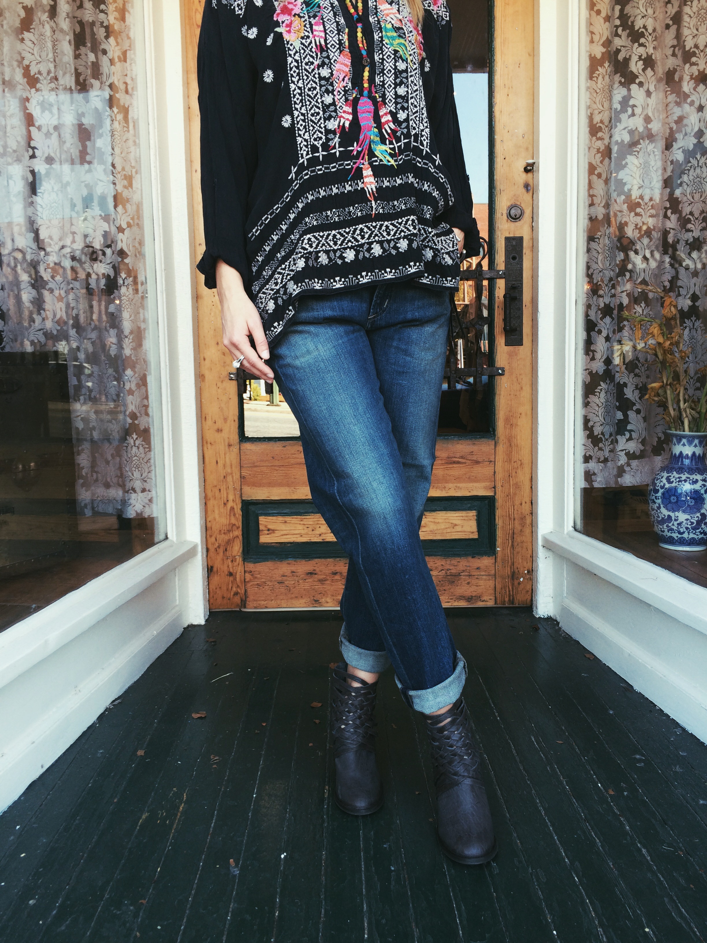 Jean: Citizens of Humanity. Top: Johnny Was. Shoes: Free People.