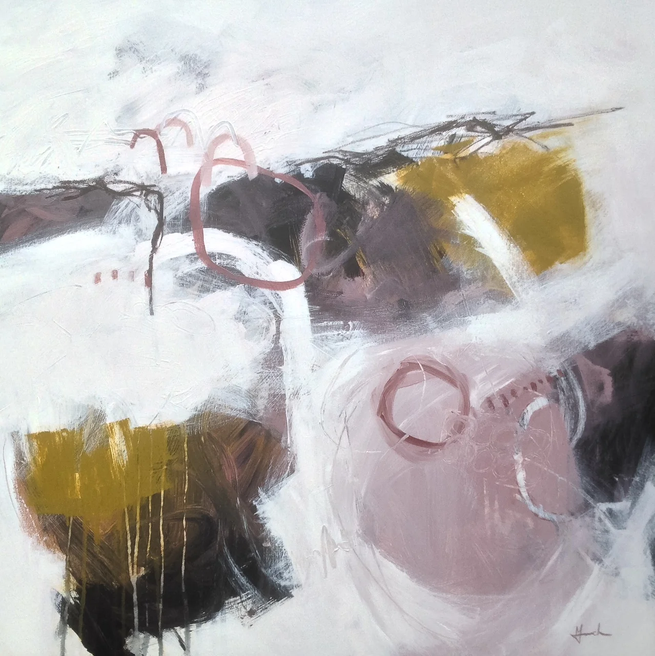 Top image: 'Charged with light' Mixed media on paper, 44x55cm This image: 'Time and place', Mixed media on canvas, 70x70cm