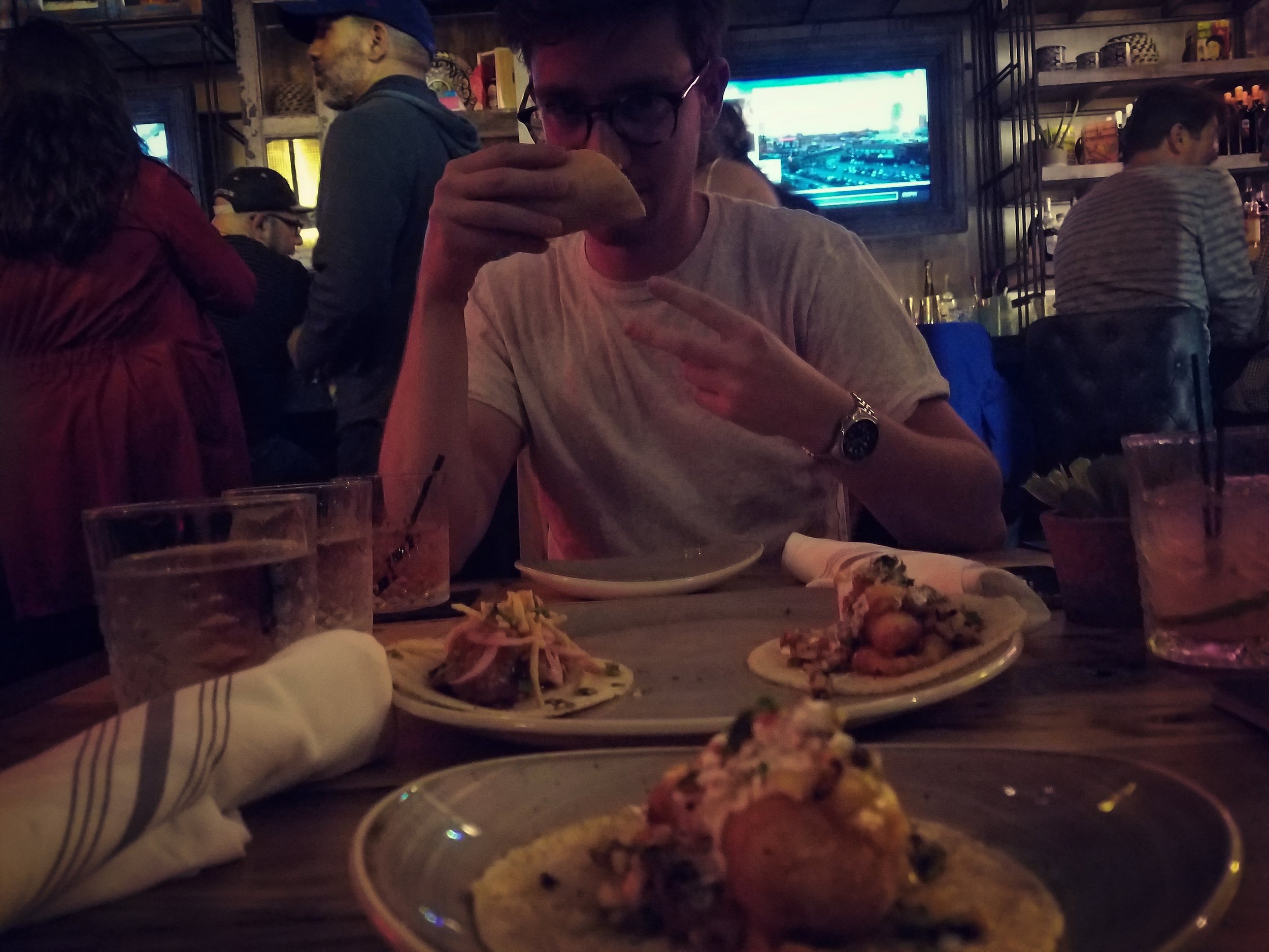Pictured here is my hungry partner in crime James (Baby Rick Moranis), a couple of drinks and these sexy tacos.