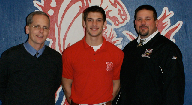 (L to R:) Principal Brendan Conroy (Hon), Max Kurucar '12 and Head Coach Todd Kuska '90 