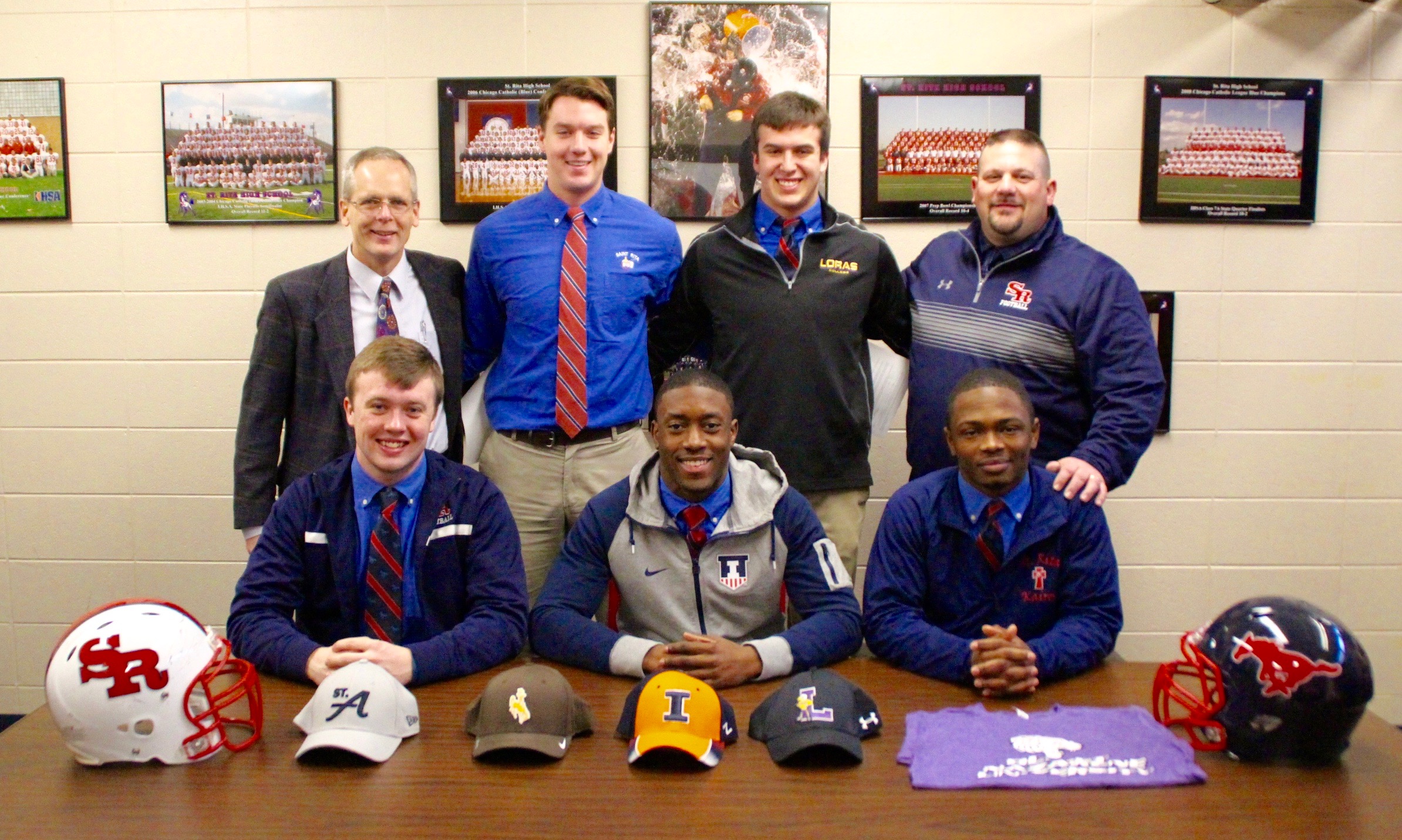 Top row (L to R): Principal Brendan Conroy, Tim Zaleski, Mike McDevitt, Coach Todd Kuska '90 Front Row (L to R): Liam Kelly, Marc Mondesir, Shaun Rule