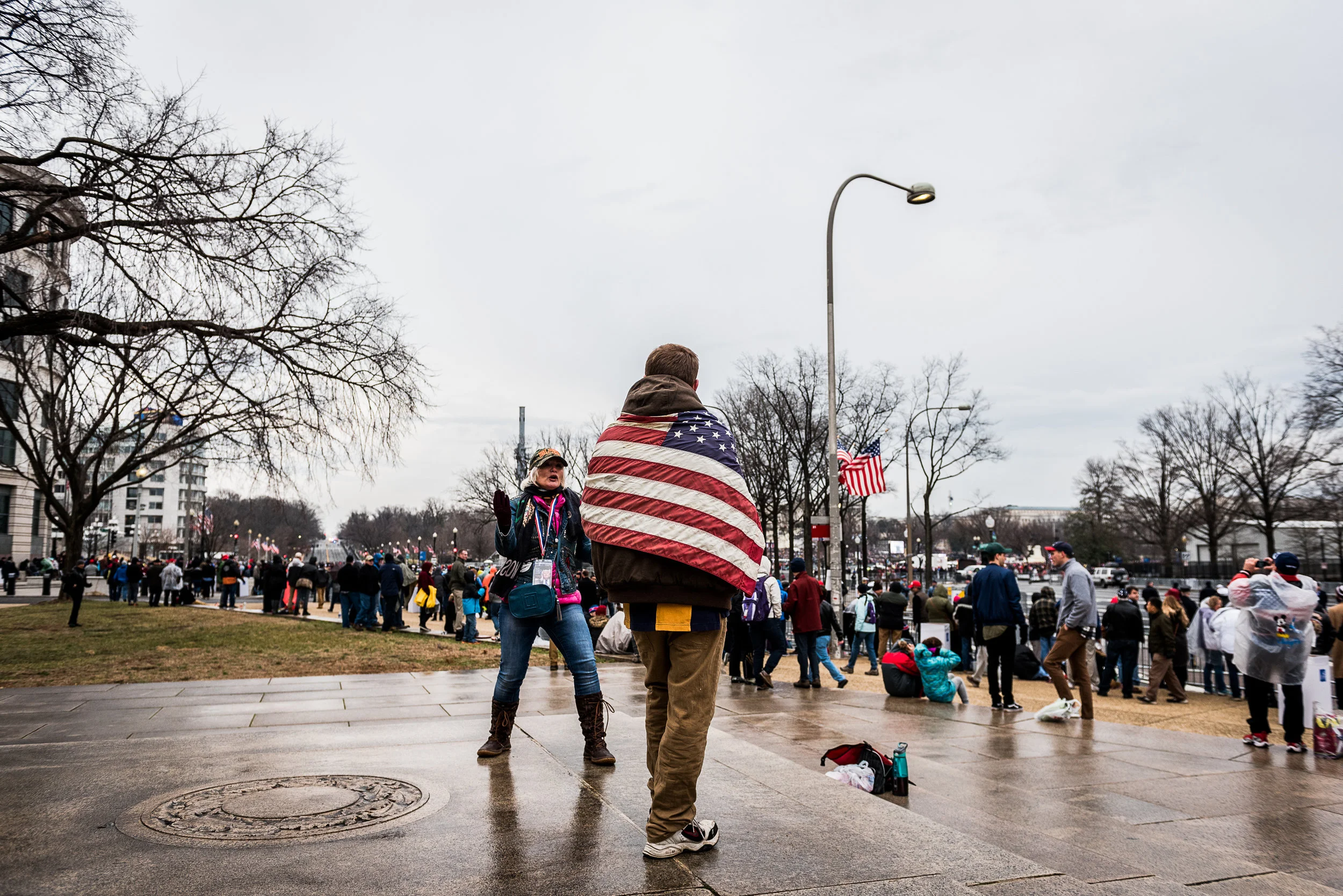 An inauguration attendee wears an American flag, Friday, January 20, 2017.