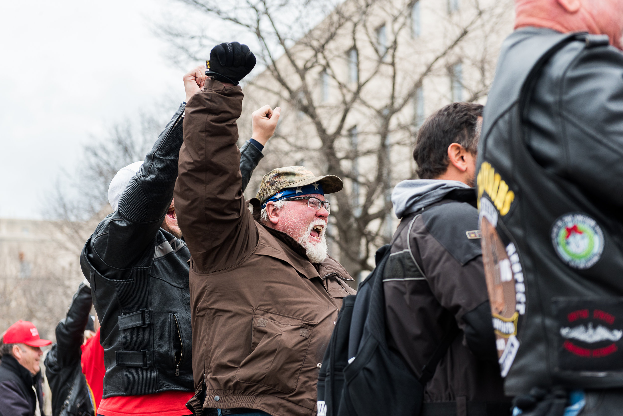 Biker for Trump Sammy Boone celebrates as President Donald J. Trump is sworn in as the 45th President of the United States, Friday, January 20, 2017.