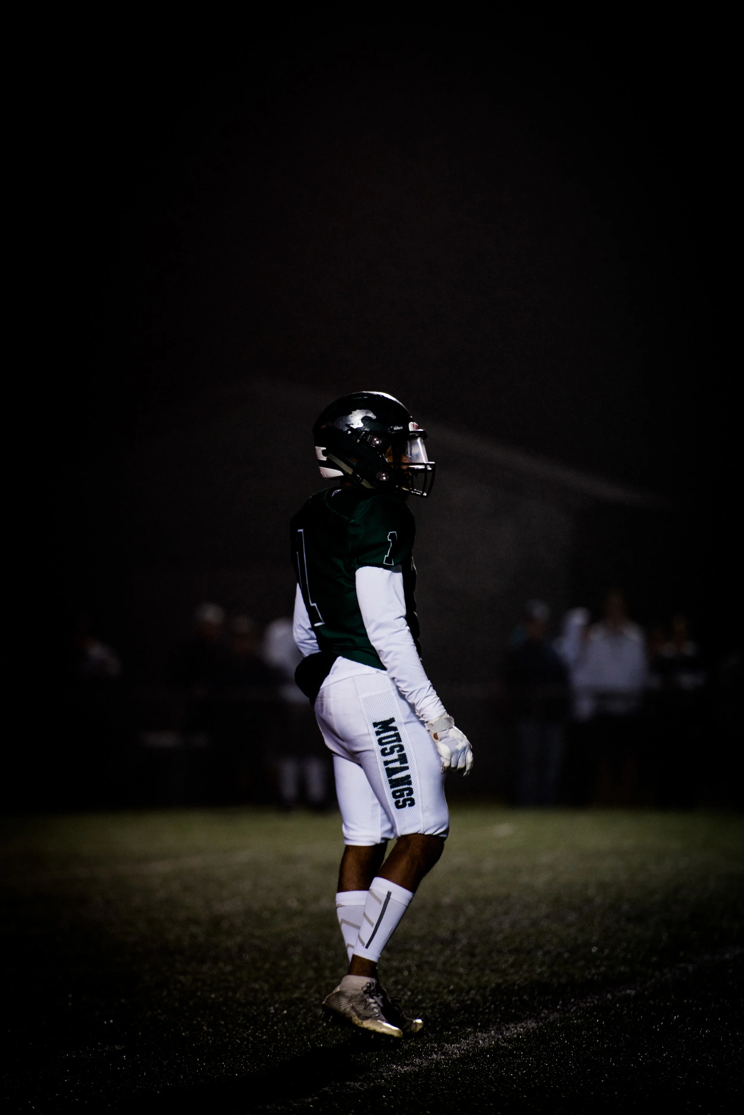 Terrence Chisley moves into position for a play during Friday's matchup against North Paulding High School in Kennesaw, Ga., Friday, Oct. 26, 2018. The Mustangs fell to the Wolfpack 41-21. (Photo by Cory Hancock)