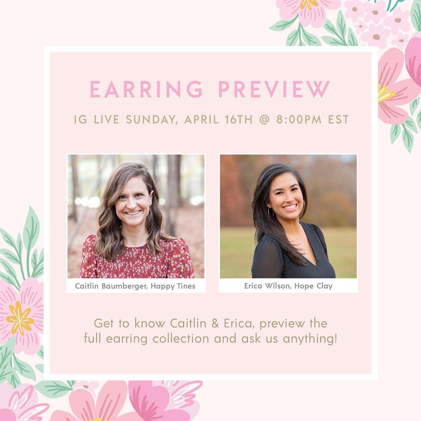 Thank y&rsquo;all SO much for your excitement about the earrings! 💖🙌🏻 To get to know @happytines &amp; @hopeclay_, the gals behind the collaboration, join us for a LIVE earring preview this Sunday at 8pm EST! We&rsquo;ll talk all about our collabo