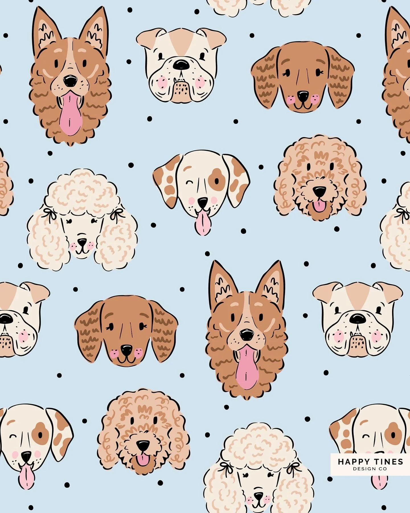I illustrated a few of these dogs for a client project last year and so I added a few more and pulled it together into a fun pattern! Which colorway is your favorite: blue or pink? 💙💗 
.
This pattern is available for licensing so please reach out i