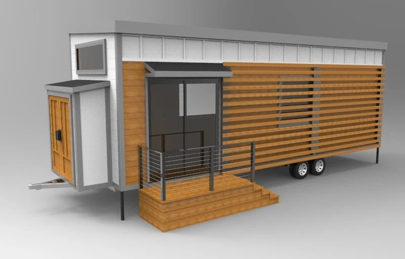 Detailed exterior of Caroline Tiny Home showing materials and architectural features by Nick Gough Design