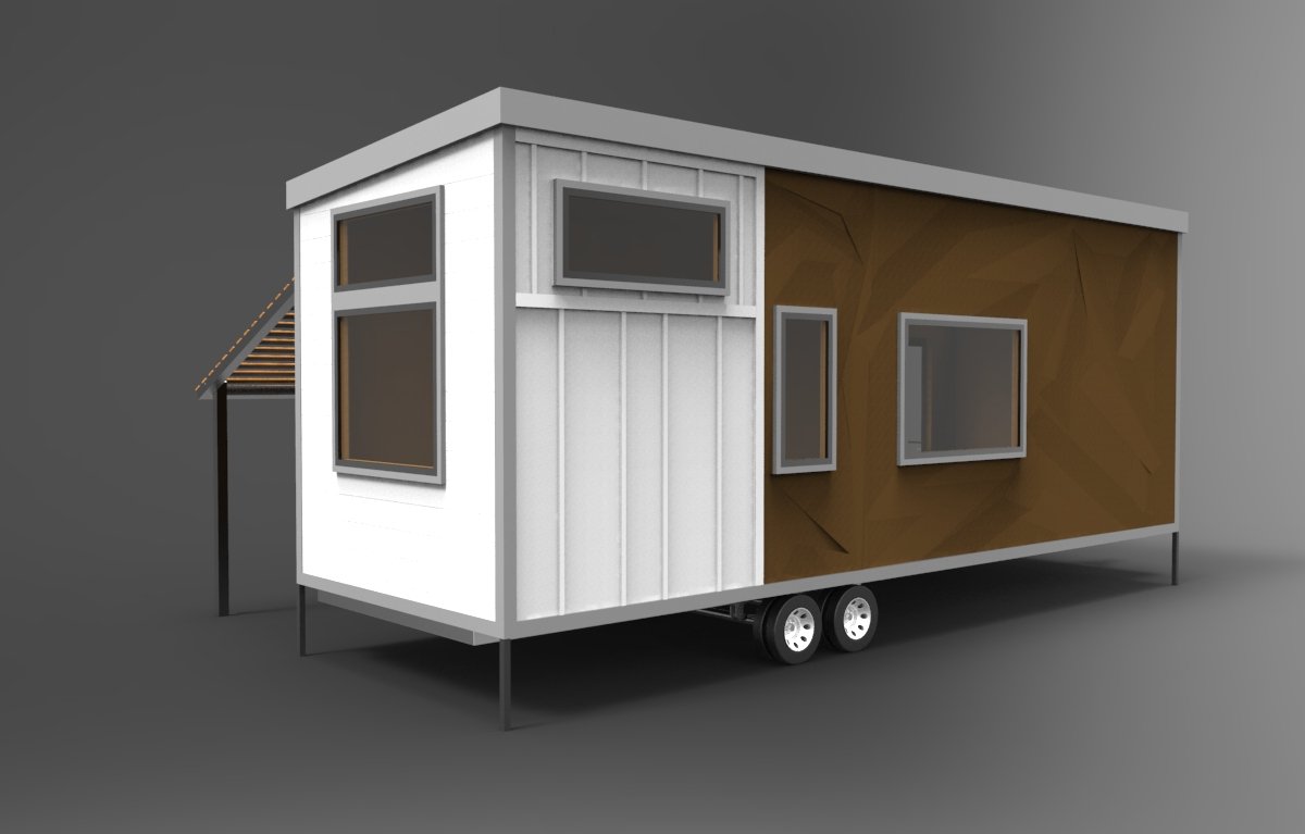 Abstract weathering steel cladding on Caroline Tiny Home design — materiality study by Nick Gough Design