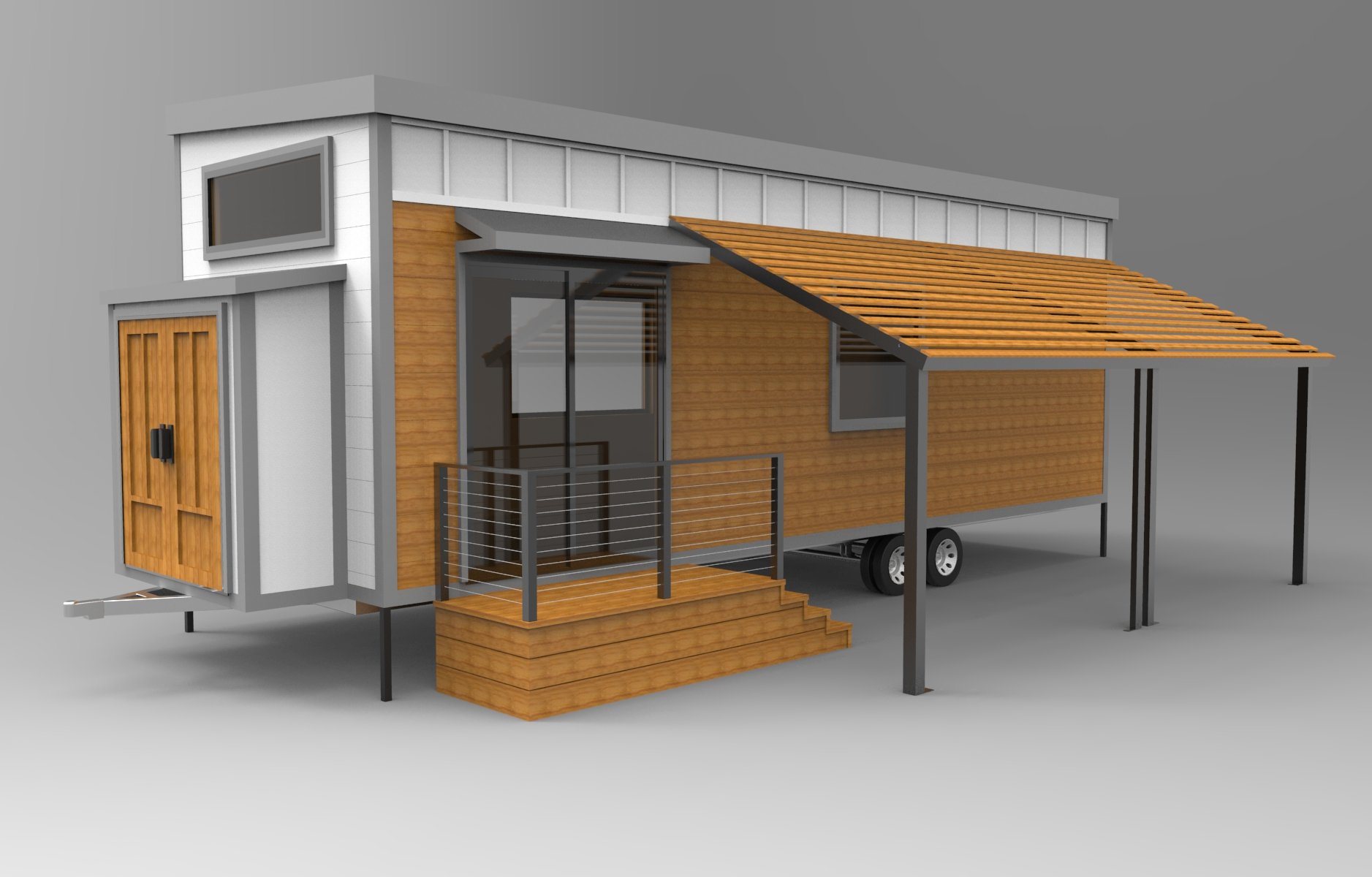 Caroline Tiny Home side view with integrated porch and shaded outdoor space by Nick Gough Design