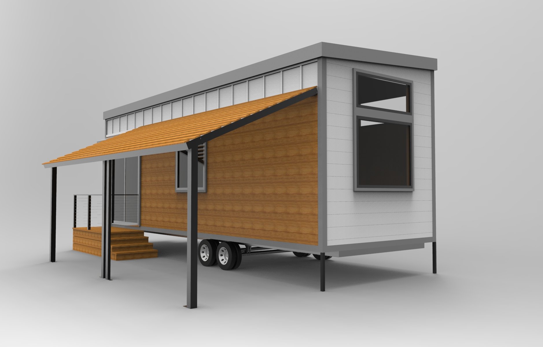 Integrated porch and carport deployed on Caroline Tiny Home — adaptive exterior design by Nick Gough Design