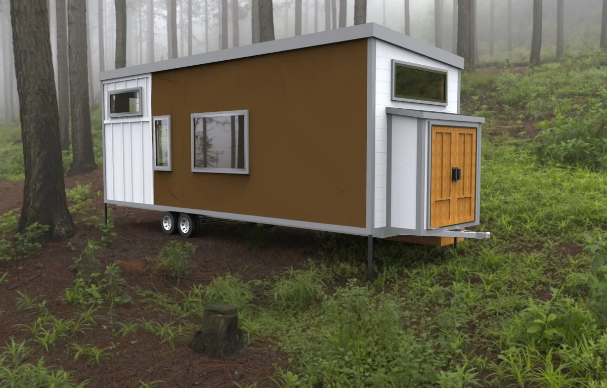 Site-context image of Caroline Tiny Home in a wooded environment — tiny house design by Nick Gough Design