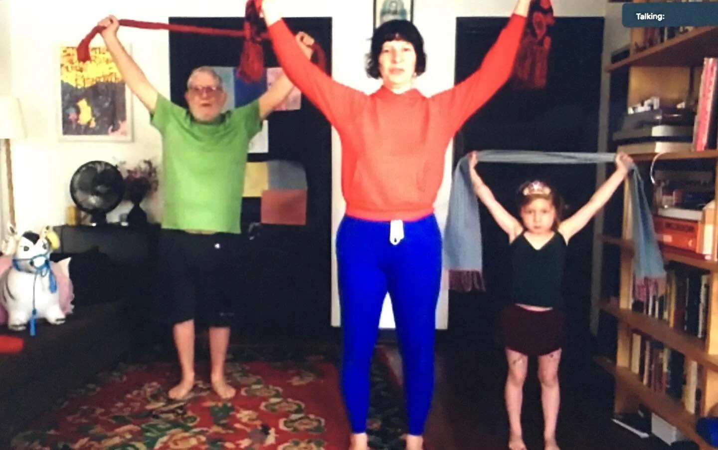 3 generations doing zoom pilates. A family that plotz together stays together. #zoomlates #zoompilates #fletcherpilates #towelwork #family