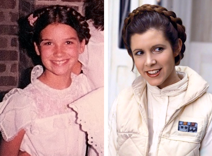  Sporting the Princess Leia braids at age 10 and Leia in Empire Strike Back, Planet Hoth