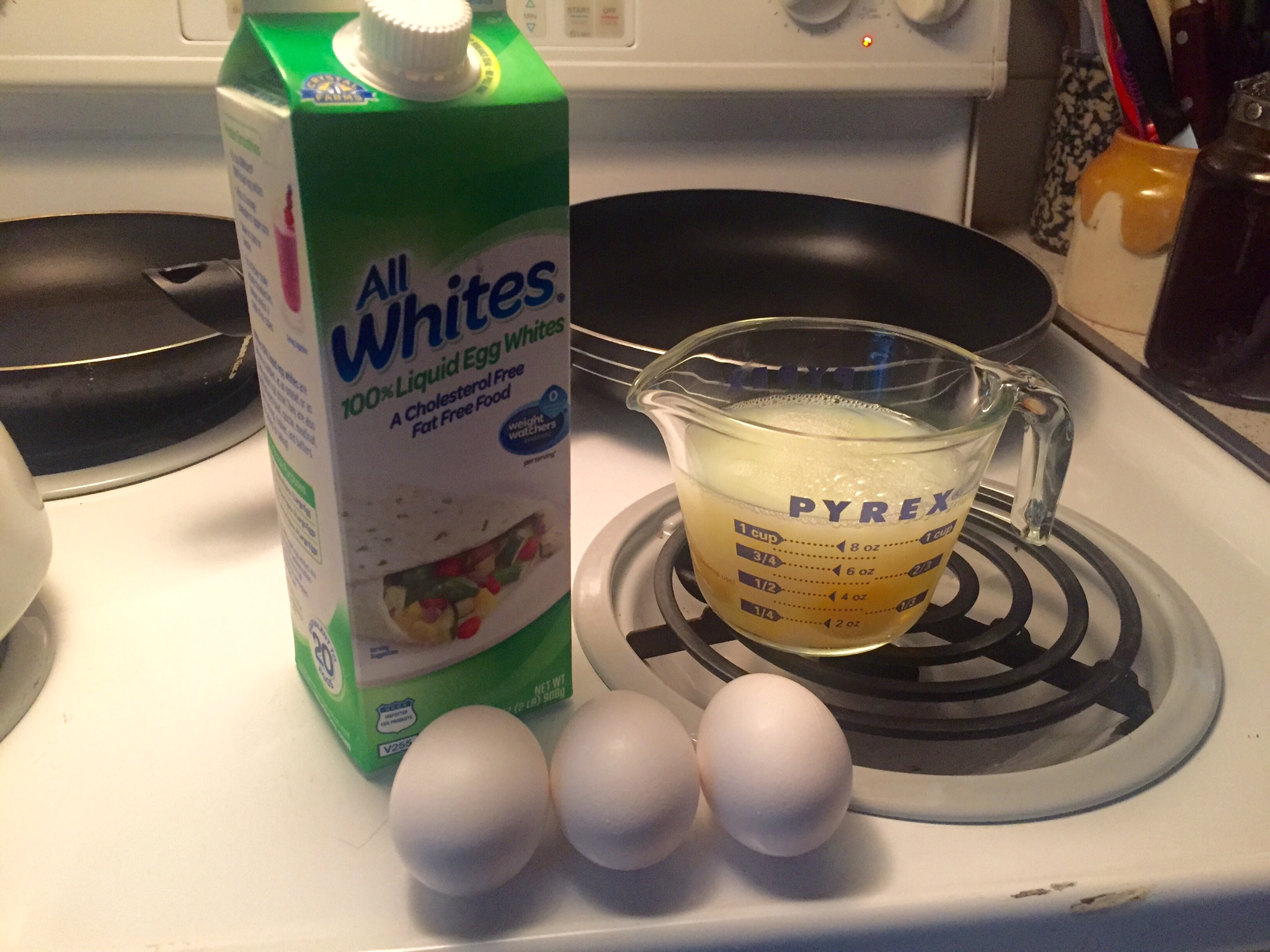 "All Whites" 100% Liquid Egg Whites, Whole Eggs, Measuring Cup, Frying Pan