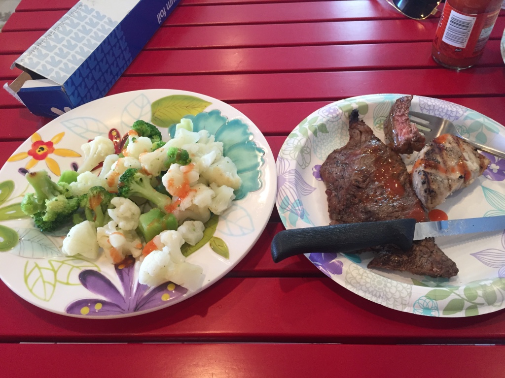 Typical lunch off the grill - took minutes to make, had plenty of leftovers - flank steak, chicken breast, frozen veggies, and some hot sauce!