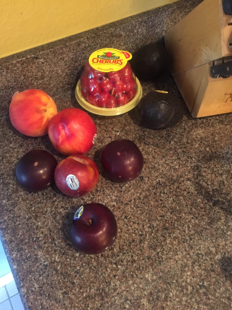 Some fresh fruits and avocado. Easy to pack for a healthy snack. 