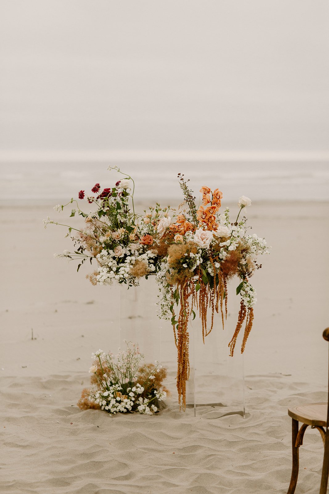 close-up of the floral arrangements at the wedding ceremony during a coastal washington wedding