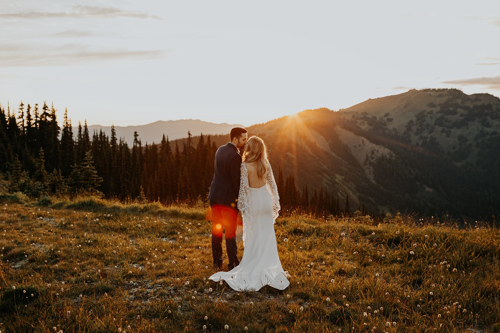 bride and groom facing away from the camera at golden hour in a meadow with the mountains in the washington olympic peninsula in the background