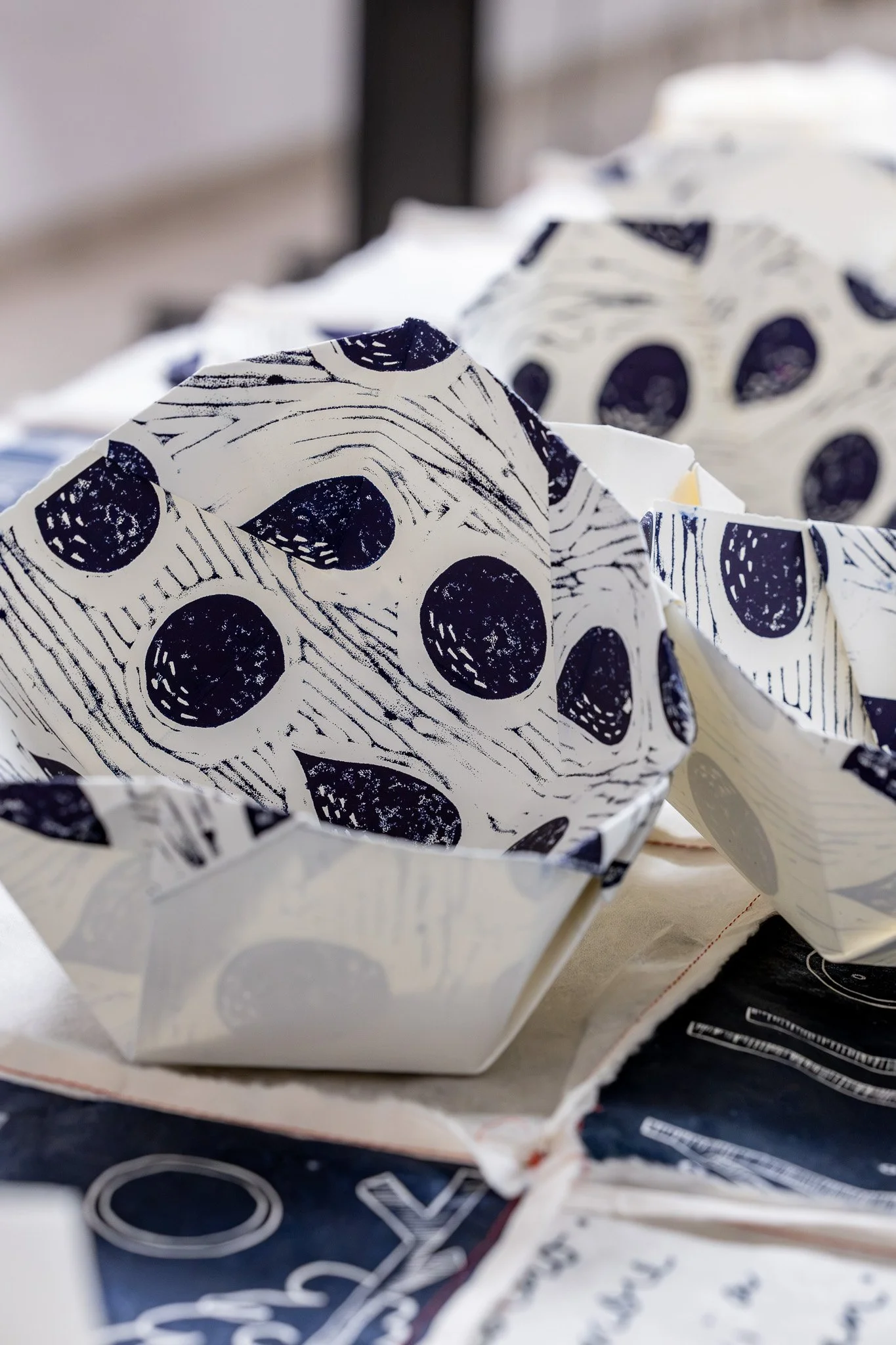 hand linocut printed bowls made from folded paper