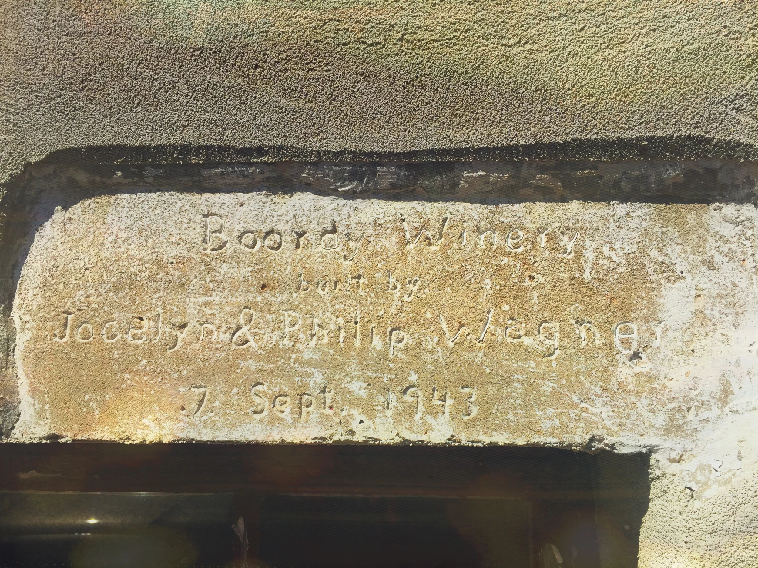 The carving on the barn reads: Boordy Winery built by Jocelyn & Philip Wagner 7 Sept. 1943