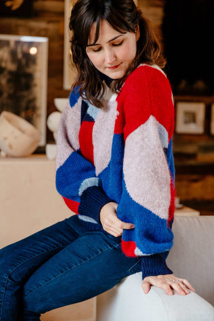 Dana wears Fall 19 Caroline Sweater: a design collaboration with Swiss-artist Caroline Denervaud.
