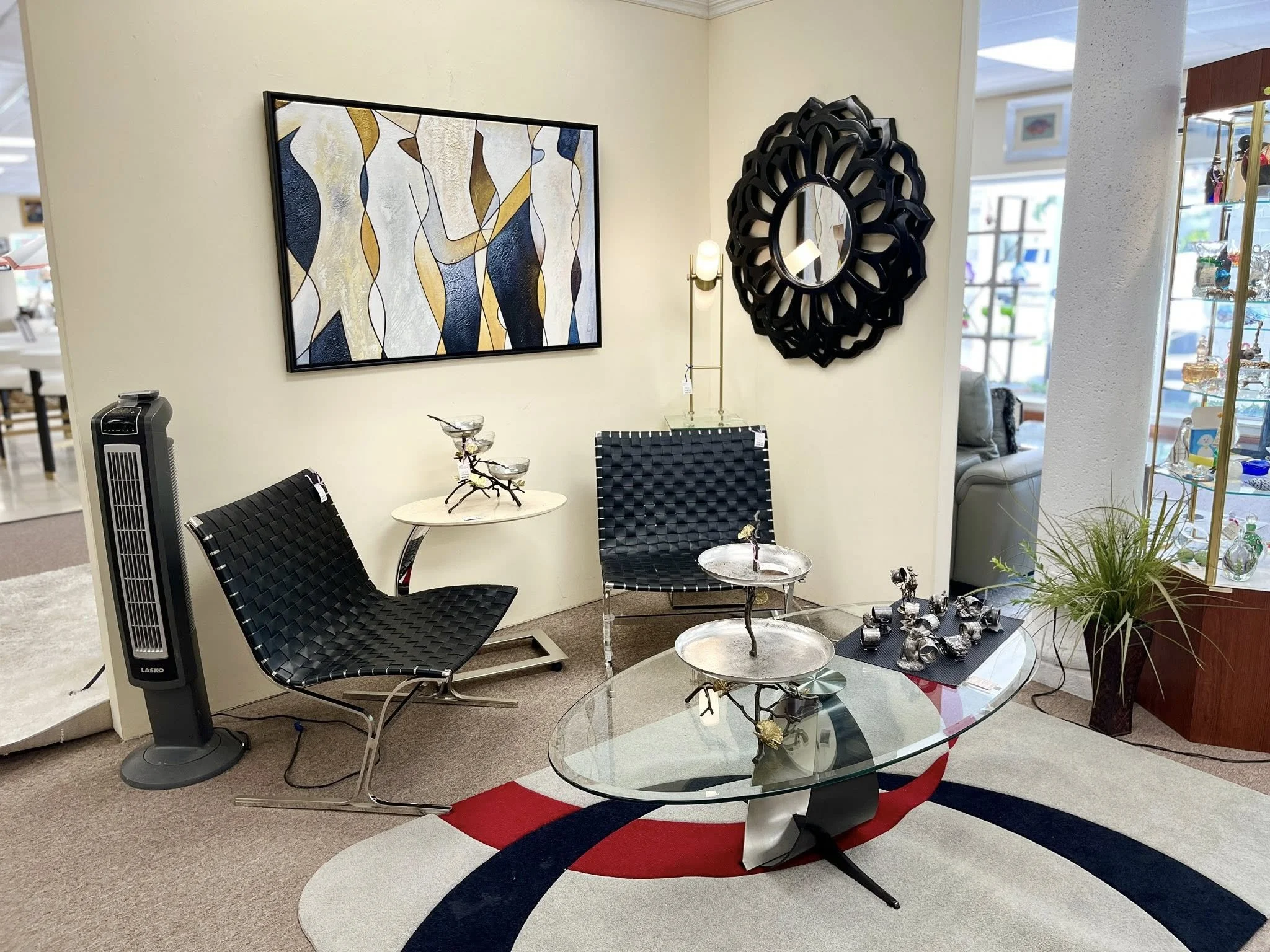 Woven Leather Chairs, Modern Coffee Table