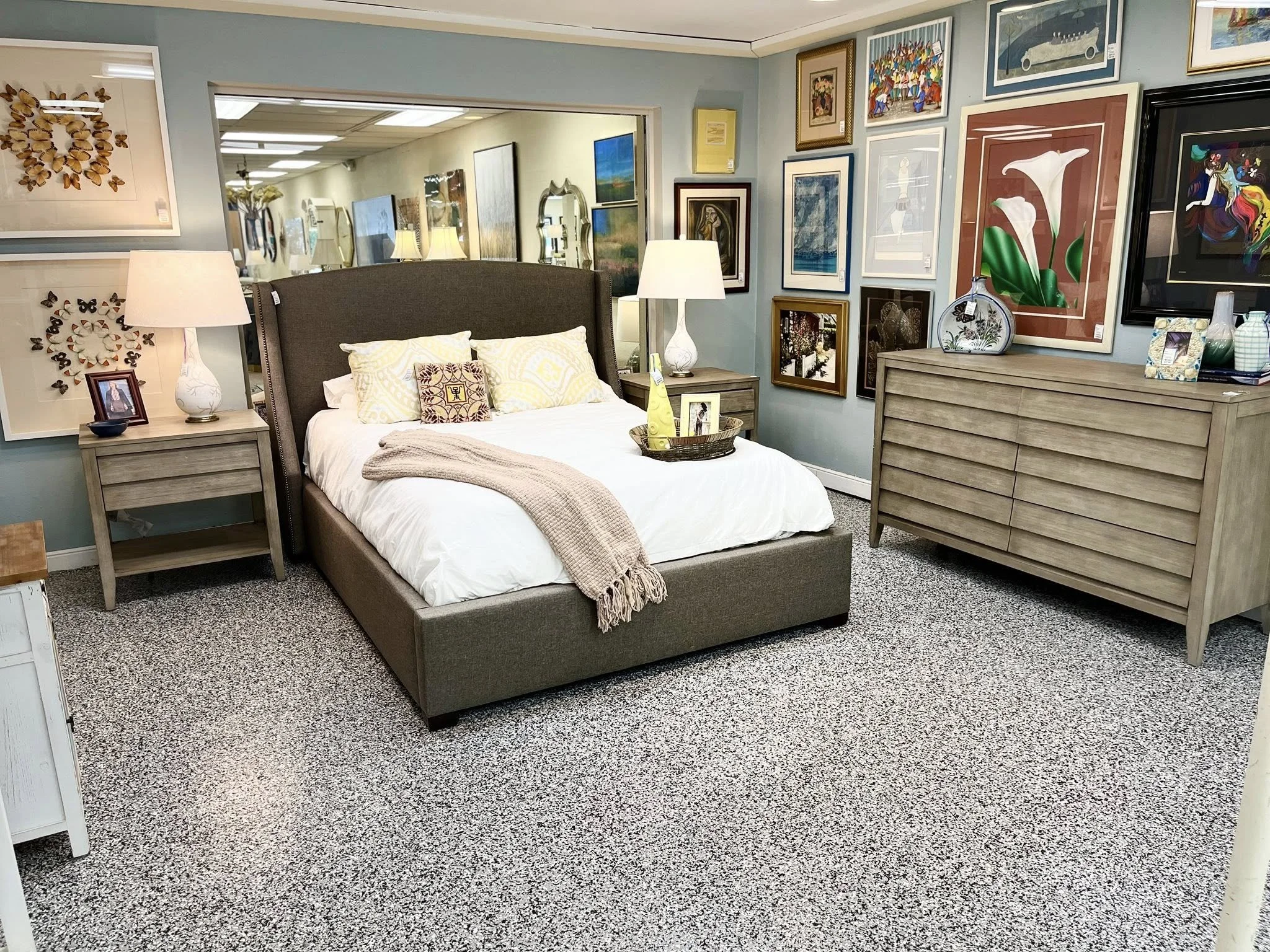 Upholstered Queen Platform Bed, Nightstands/Dresser Set