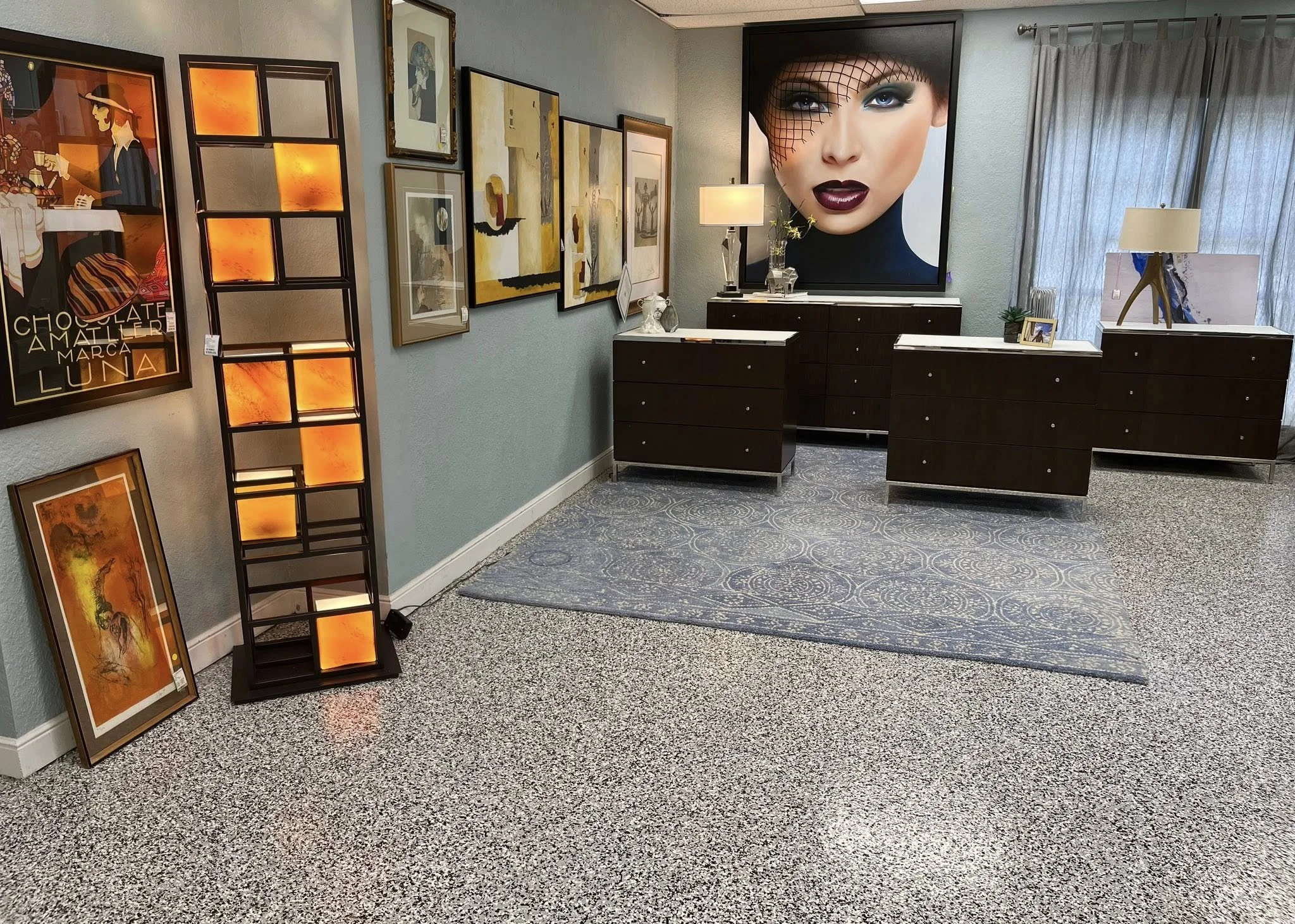 Kovacs Floor Lamp, Mitchell Gold dresser + Nightstands