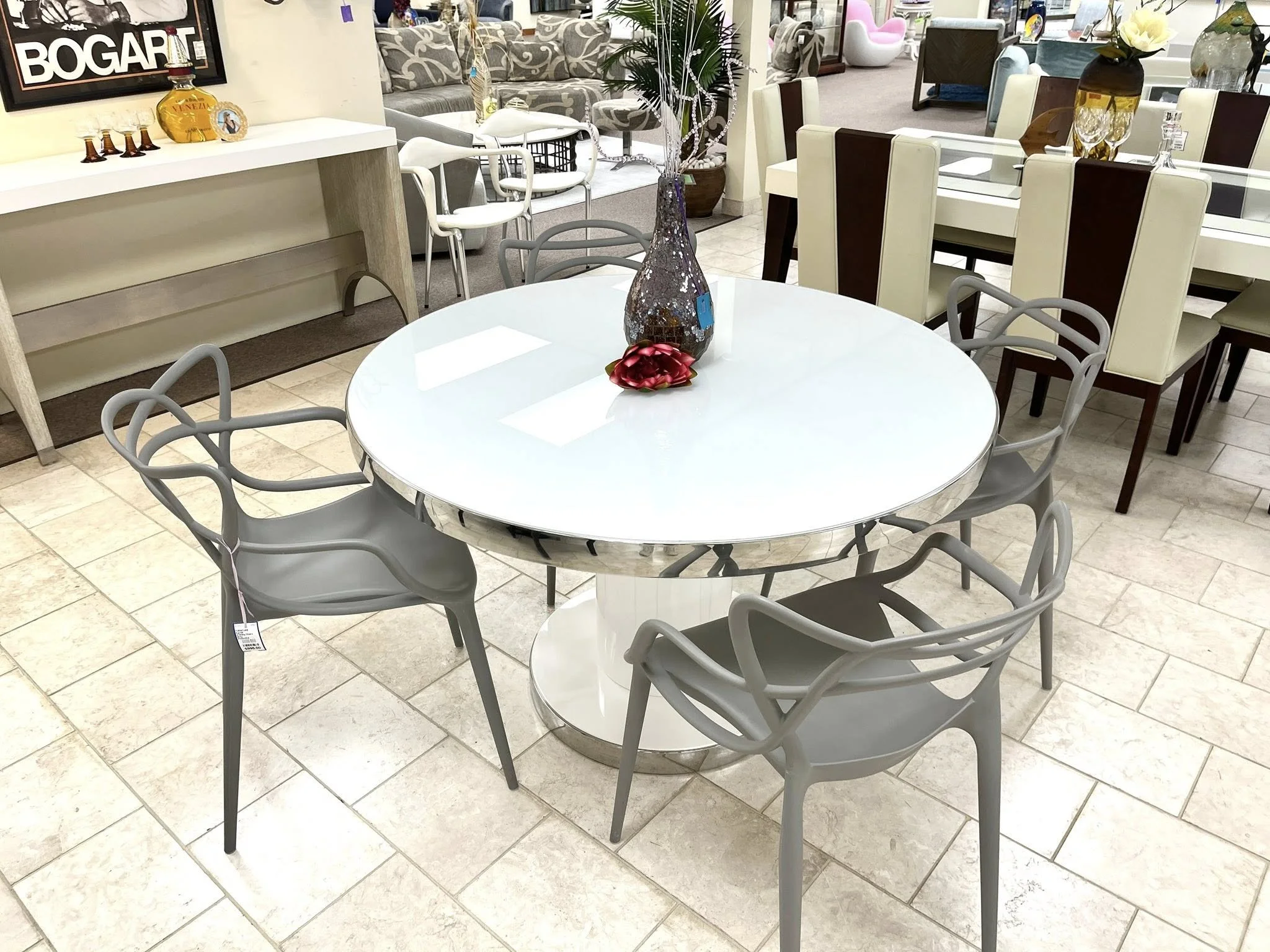 Mod Chrome Trimmed Dinning Table, Kartell Dining Chairs