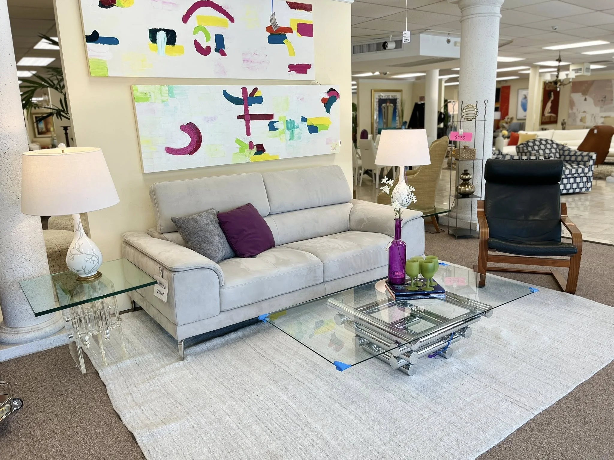 Grey Sofa, Signed Acrylic Side Tables