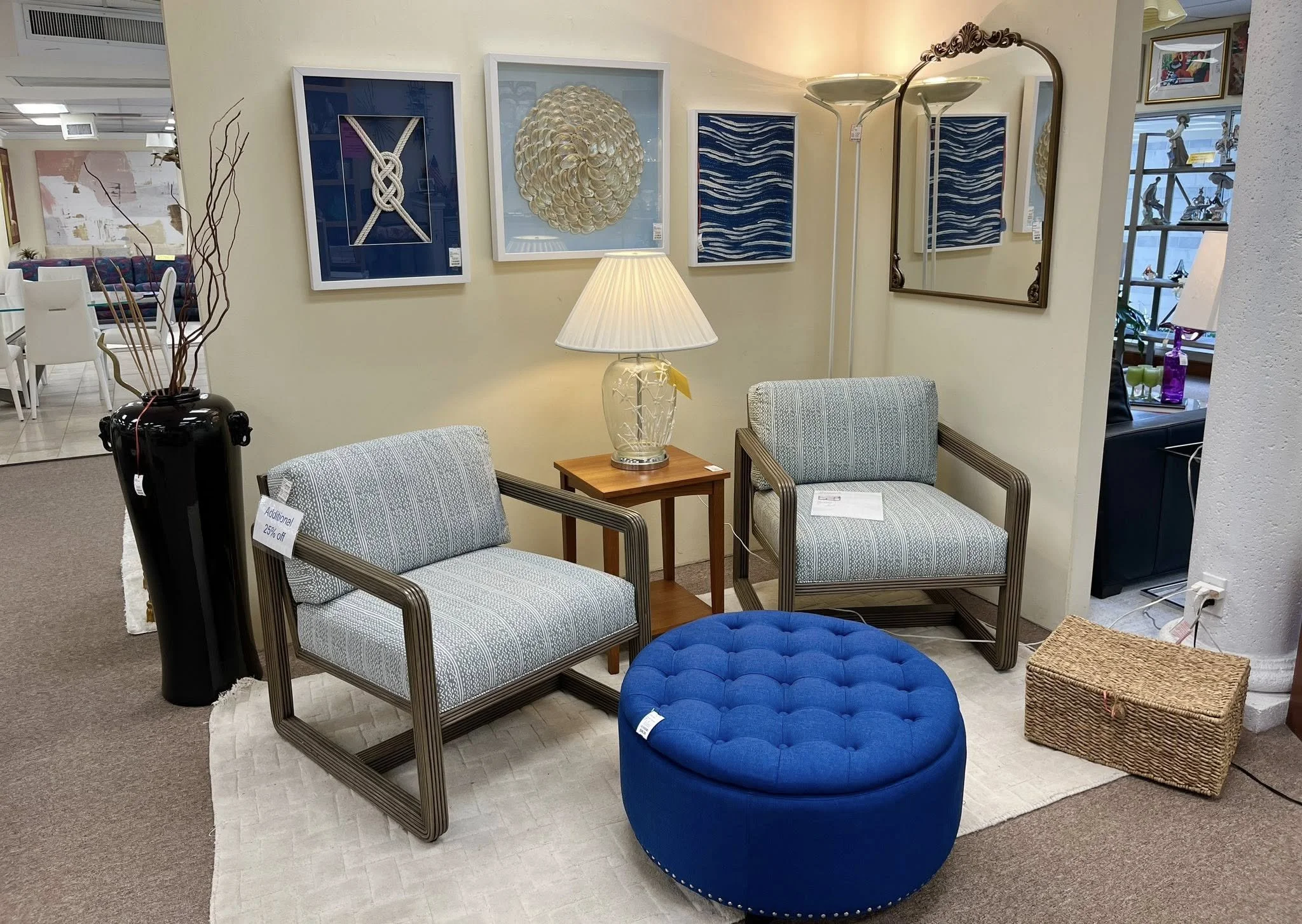 Palecek Chairs, Blue Tufted Ottoman